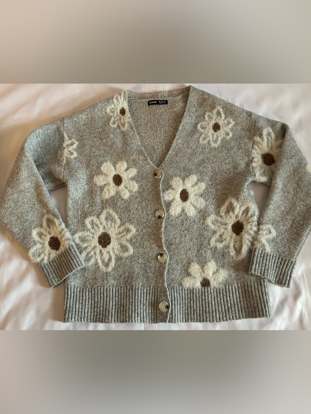SHEIN Floral Pattern of Daisies Gray Cardigan Size Small